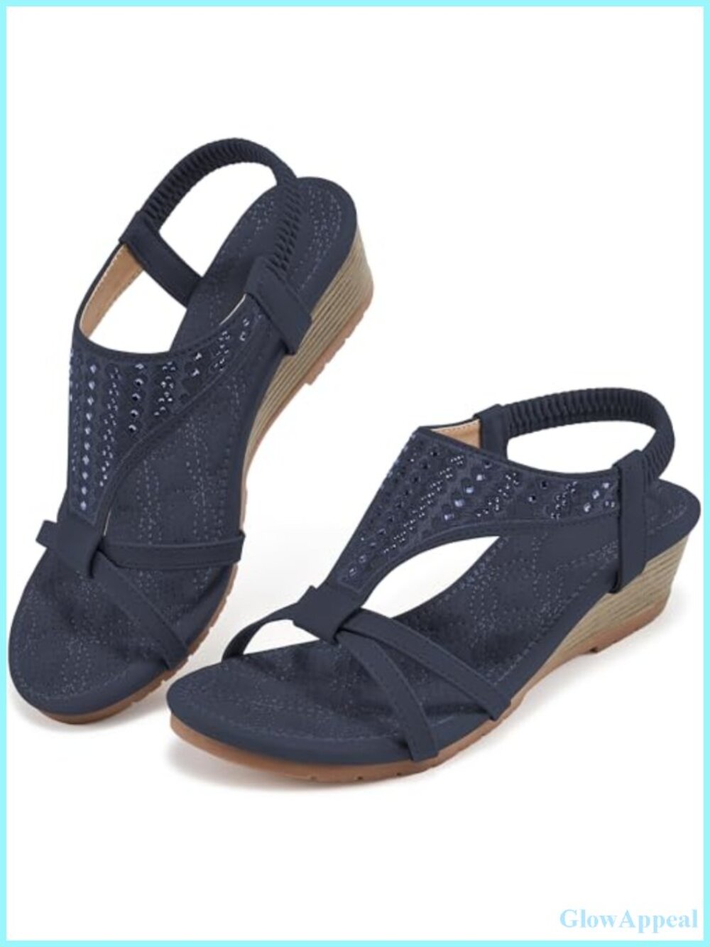 Wedge Sandals Open Toe Elastic Ankle Strap Faux Leather